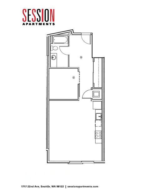 Floor plan for 1 bed, 1 bath, 674 sqft
